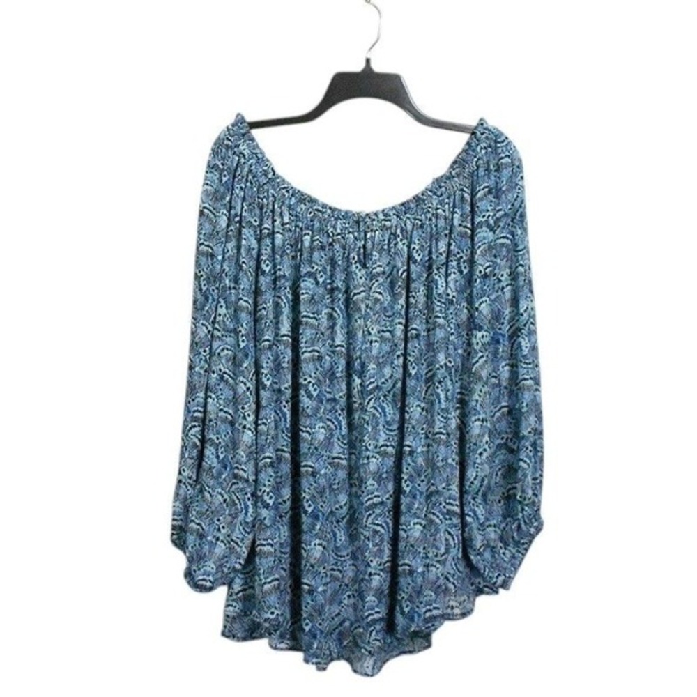 Terra Sky Womens Top 2X Blue Print‎ Keyhole Neck Convertible On or Off Shoulder